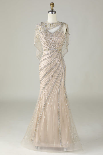 Sparkly Champagne Mermaid Beaded Long Prom Dress with Wrap